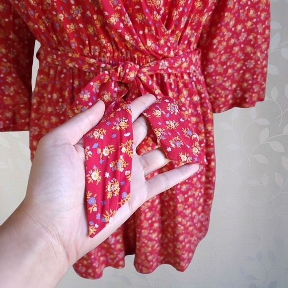 Madewell Floral Romper Shorts Retro V-Neck Tie Waist French Cottage Twee Red 4 - Picture 5 of 16